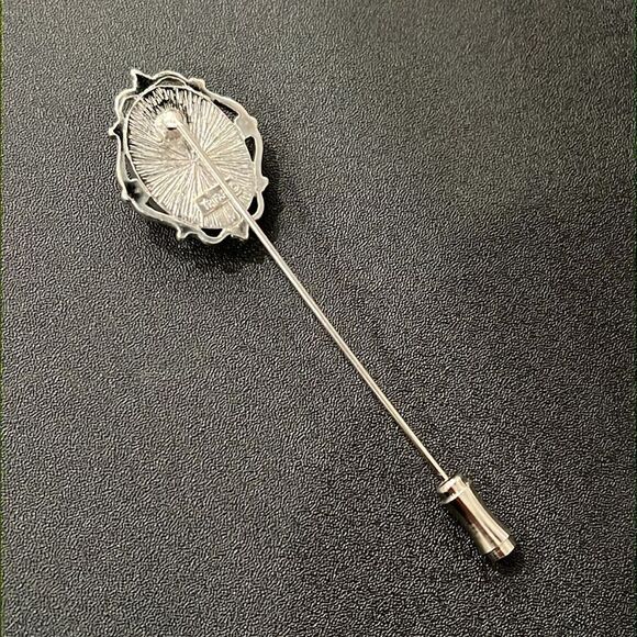 Trifari Vintage Blue White Silver Tone Cameo Hat Pin Brooch Stick Pin 3" Long - Picture 3 of 10